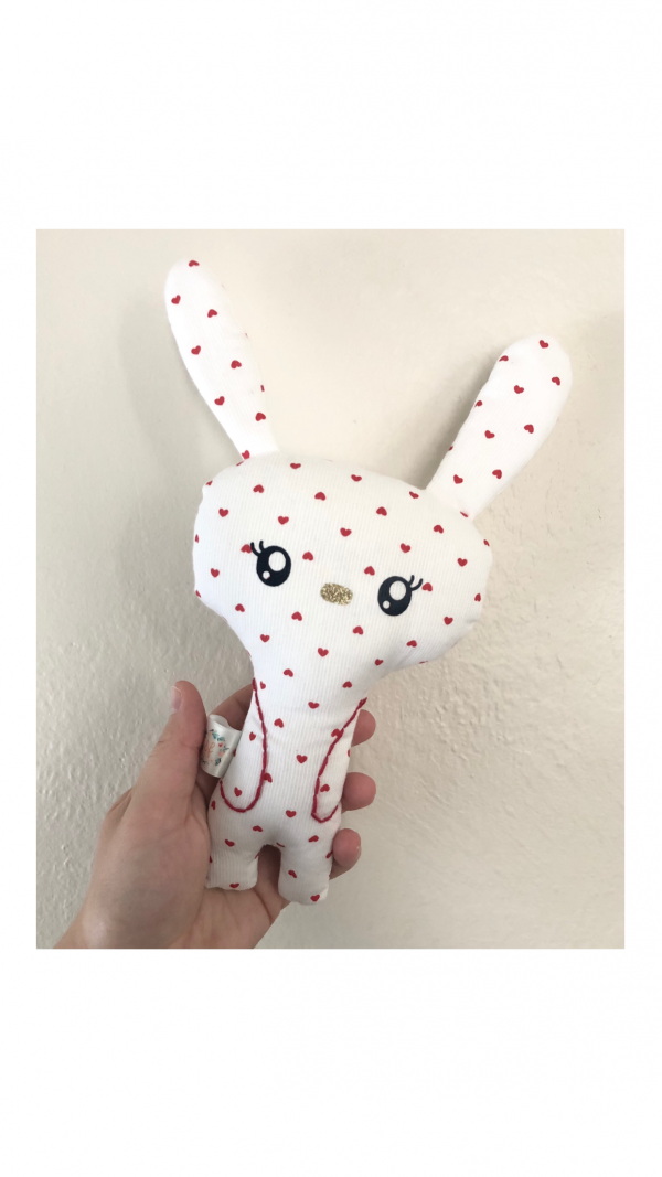 bunny plush rattle valentines day red heart fabric